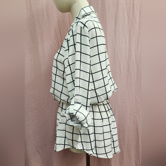 Lumière Collared Rolled Sleeve Peplum Waist Grid Print Blouse-(Small) - Picture 6 of 9